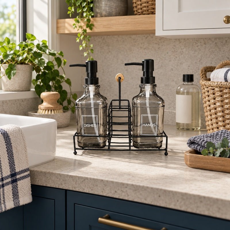 Smoked grey glass soap dispenser set with black caddy on a utility-room counter