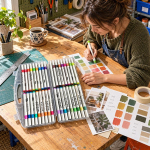 Acrylic markers box of 36 on a timber design workbench beside colour samples