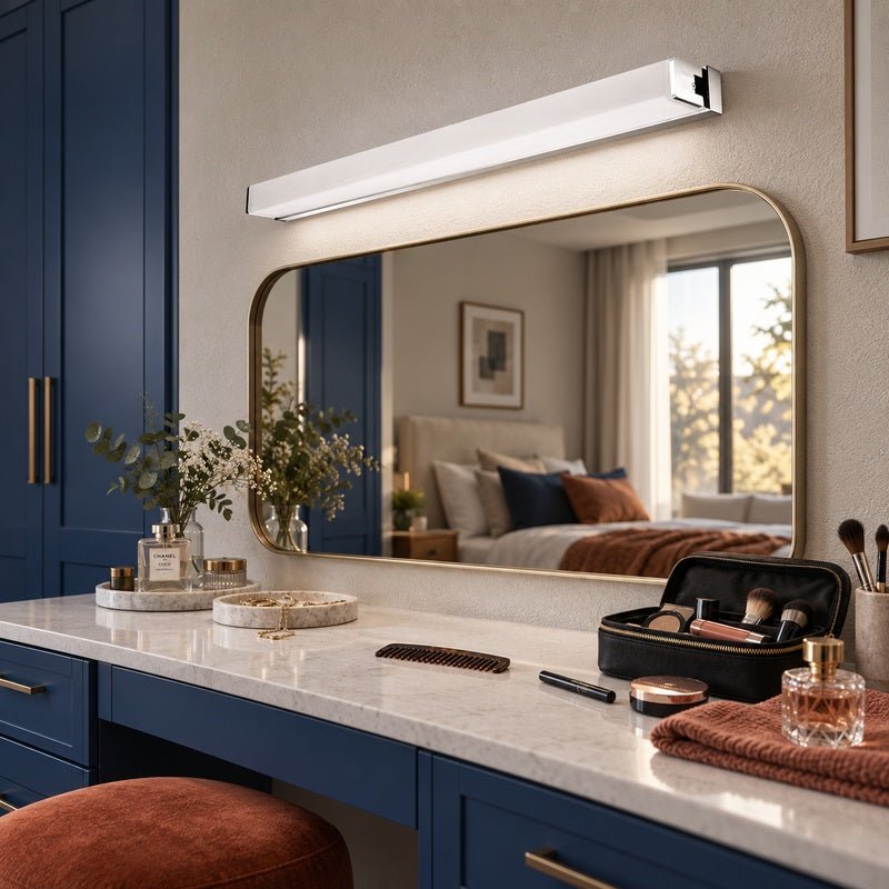 Disa white LED mirror light above a bedroom dressing mirror with makeup arranged on the vanity