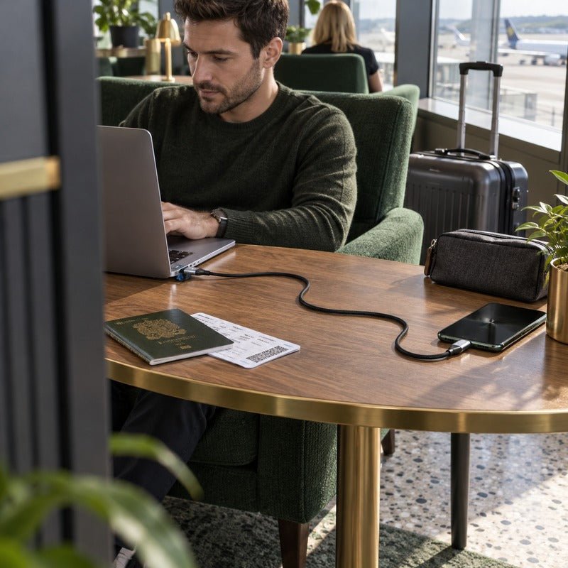 GIZZU 60W 10Gbps black USB-A to USB-C cable in an airport lounge charging setup