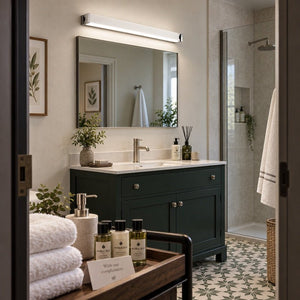 Disa white LED mirror light installed above a boutique guesthouse bathroom mirror