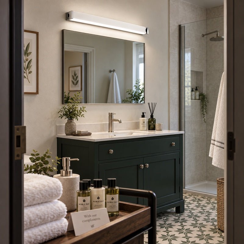 Disa white LED mirror light installed above a boutique guesthouse bathroom mirror