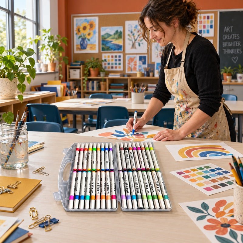 Acrylic markers box of 36 on a classroom art table during teacher preparation