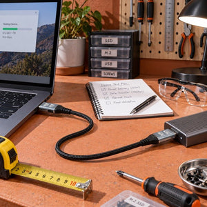 GIZZU 60W 10Gbps black braided USB-A to USB-C cable on an electronics workbench