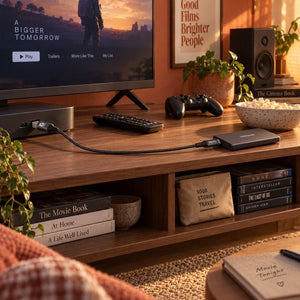 Black braided GIZZU USB to Type-C cable connecting media equipment on a living-room console