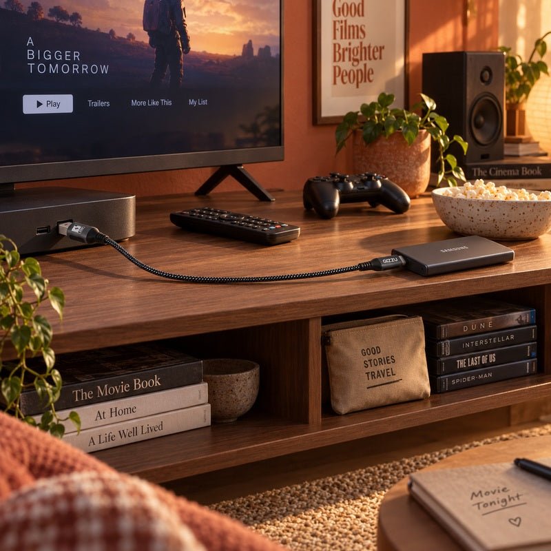Black braided GIZZU USB to Type-C cable connecting media equipment on a living-room console