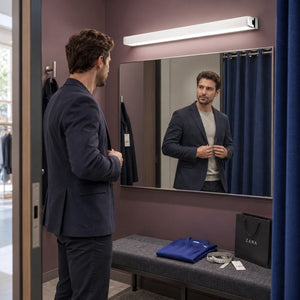 Disa white LED mirror light above a retail fitting-room mirror during clothing selection