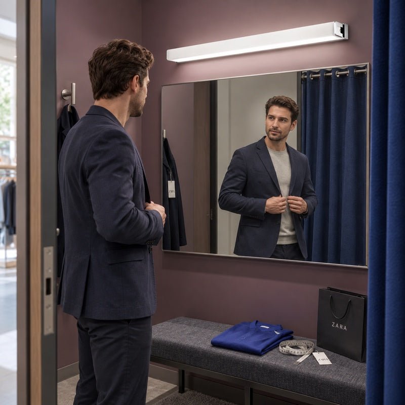 Disa white LED mirror light above a retail fitting-room mirror during clothing selection