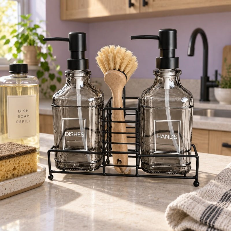 Smoked grey glass soap dispenser set with refill bottle on a kitchen counter