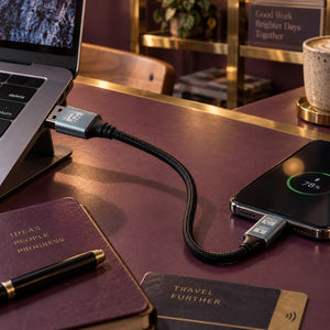 GIZZU 60W 10Gbps black USB-A to USB-C cable shown in a close-up co-working setup