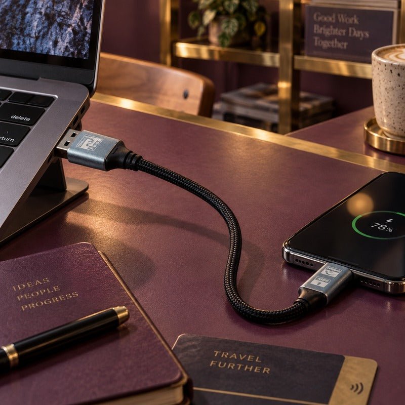 GIZZU 60W 10Gbps black USB-A to USB-C cable shown in a close-up co-working setup