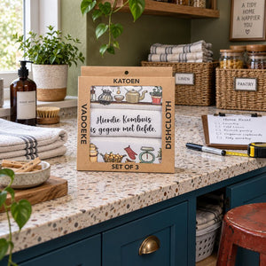 KATOEN Dishcloth Box on a utility worktop with folded linens