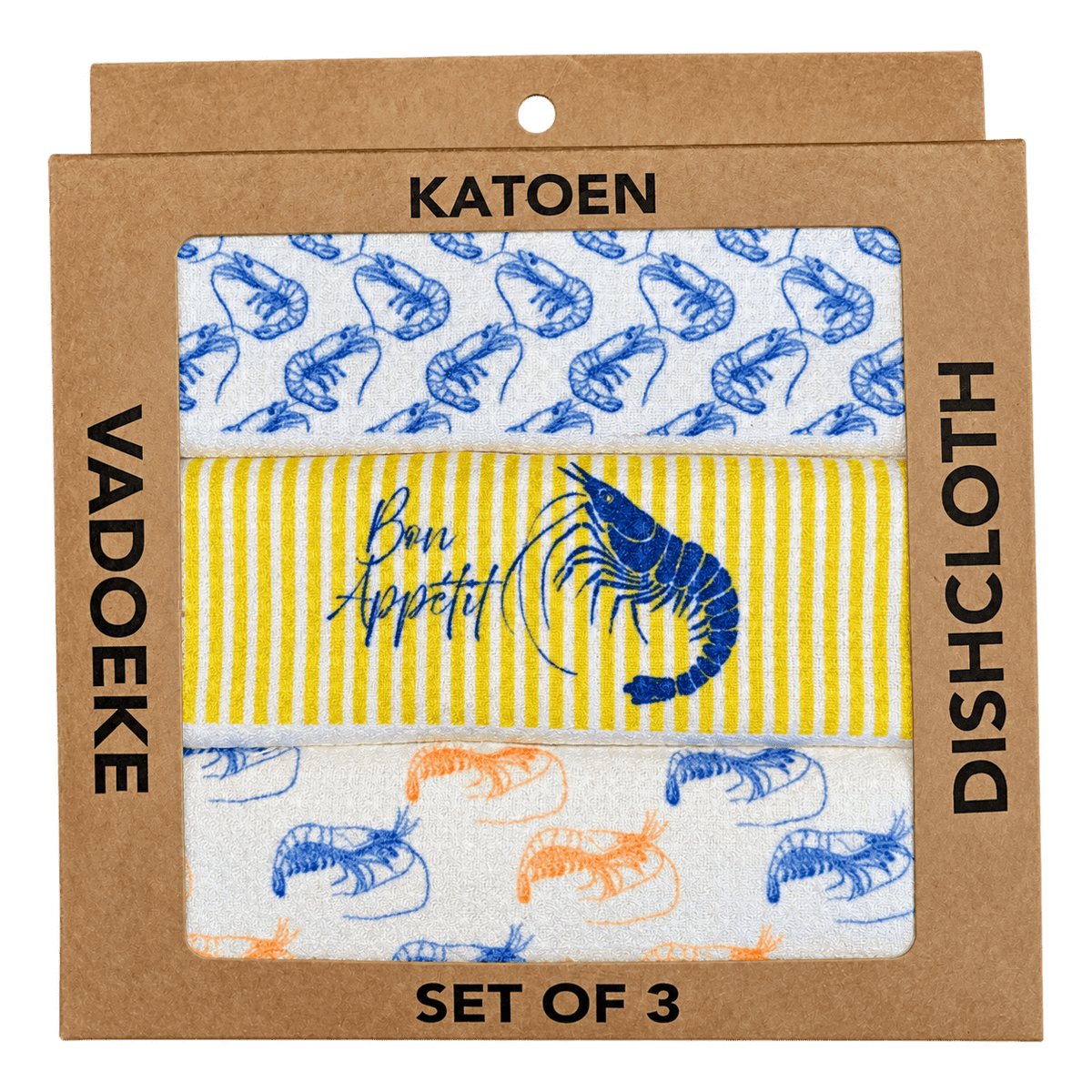 Dishcloth Box (Set 3) - Blue Bon Appetit Shrimp on a transparent background