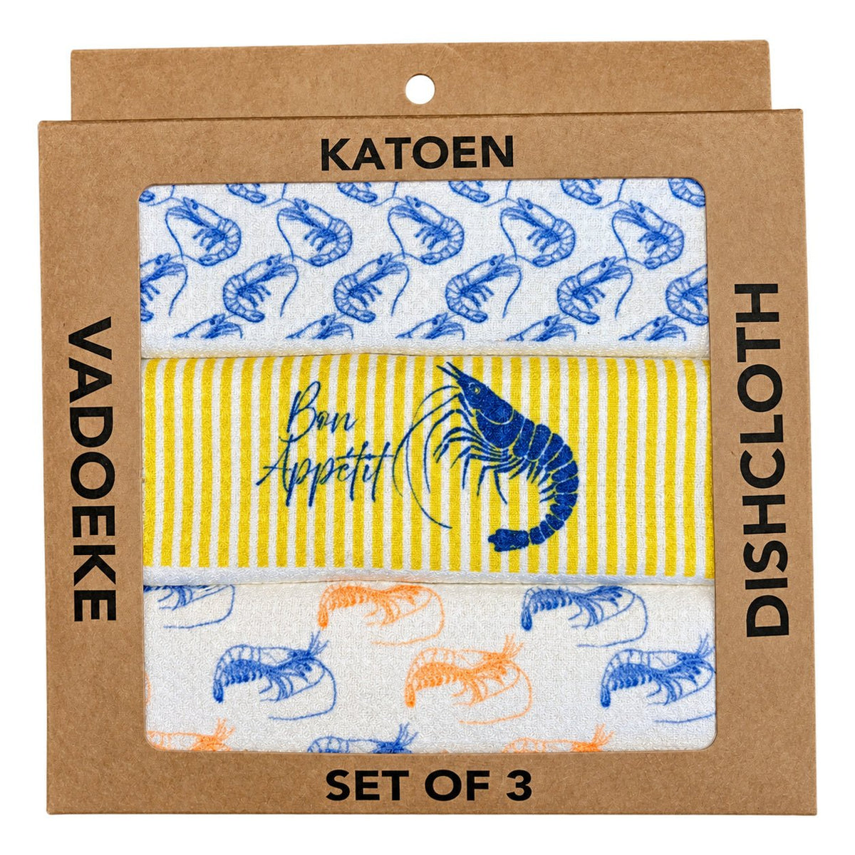 Dishcloth Box (Set 3) - Blue Bon Appetit Shrimp on a white background