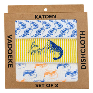 Dishcloth Box (Set 3) - Blue Bon Appetit Shrimp on a white background