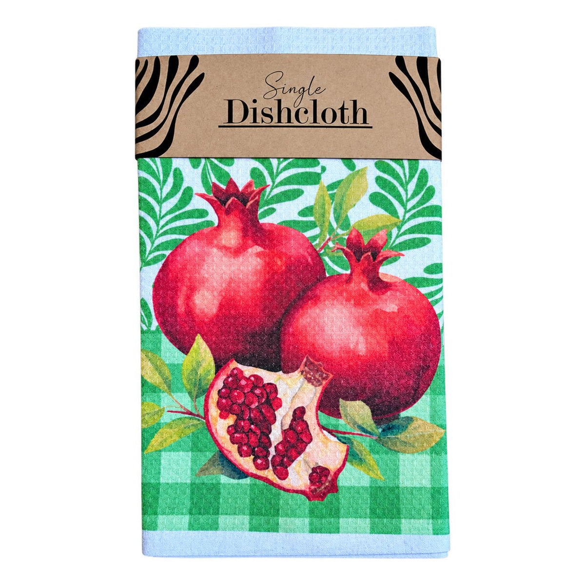 Single Printed Dishcloth - Green Pomegranate on a white background