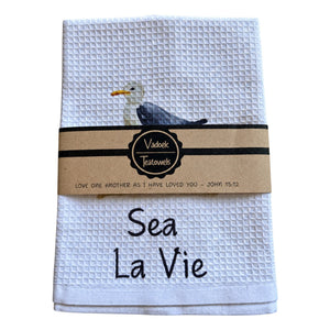 Single Printed Dishcloth - Sea La Vie on a white background
