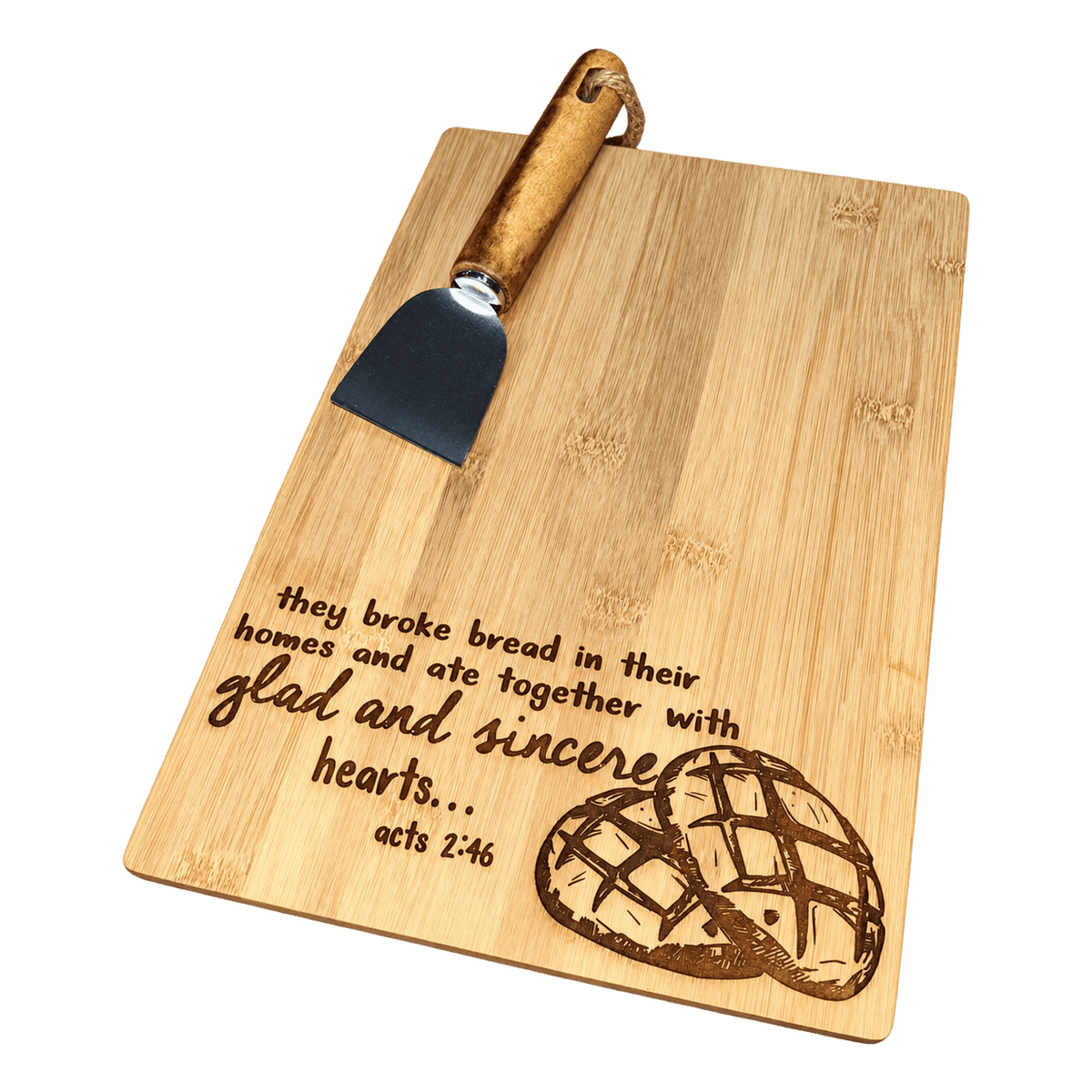 Bamboo Cutting Board - Acts 2:46 on a transparent background