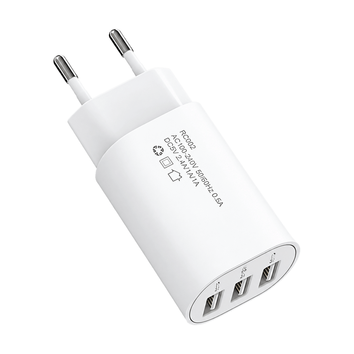 2-Pin Euro to 3-way USB charger product image on transparent background