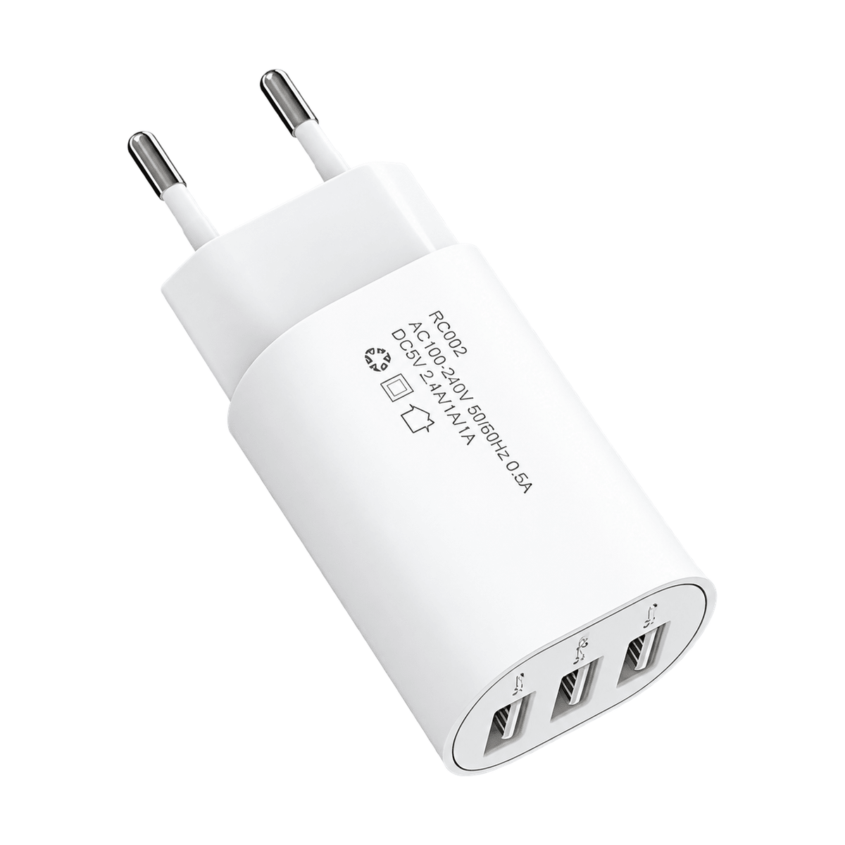 2-Pin Euro to 3-way USB charger product image on white background