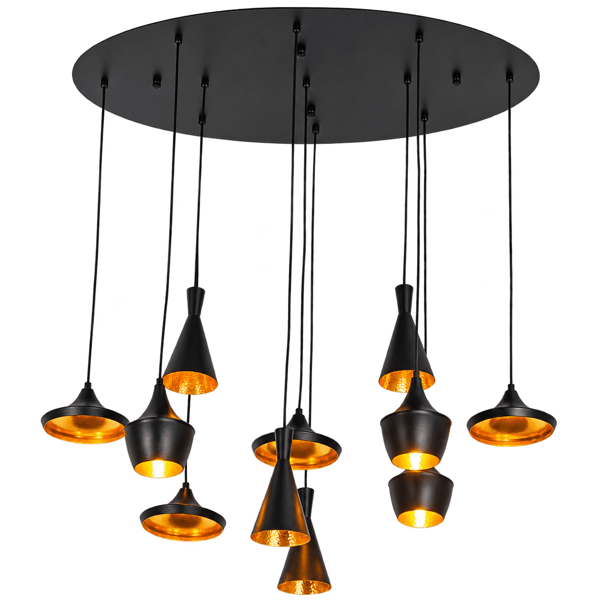 Skyfall 11 Light Black & Gold LED Pendant on transparent background, product image