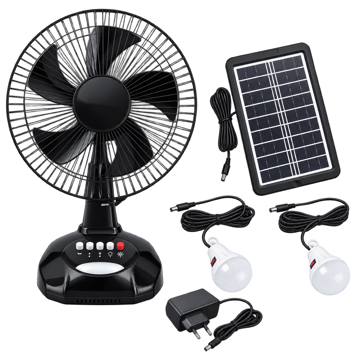 12-inch Solar & Mains Rechargeable Desk Fan with Lights — transparent background