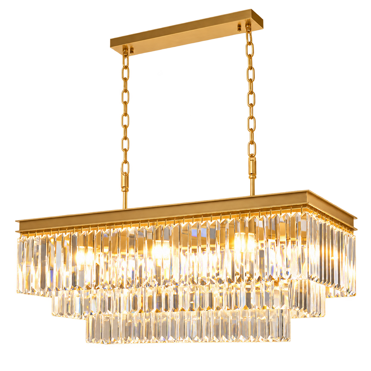 230V 40W E14 Crystal Rectangular Chandelier - Satin Gold — transparent background