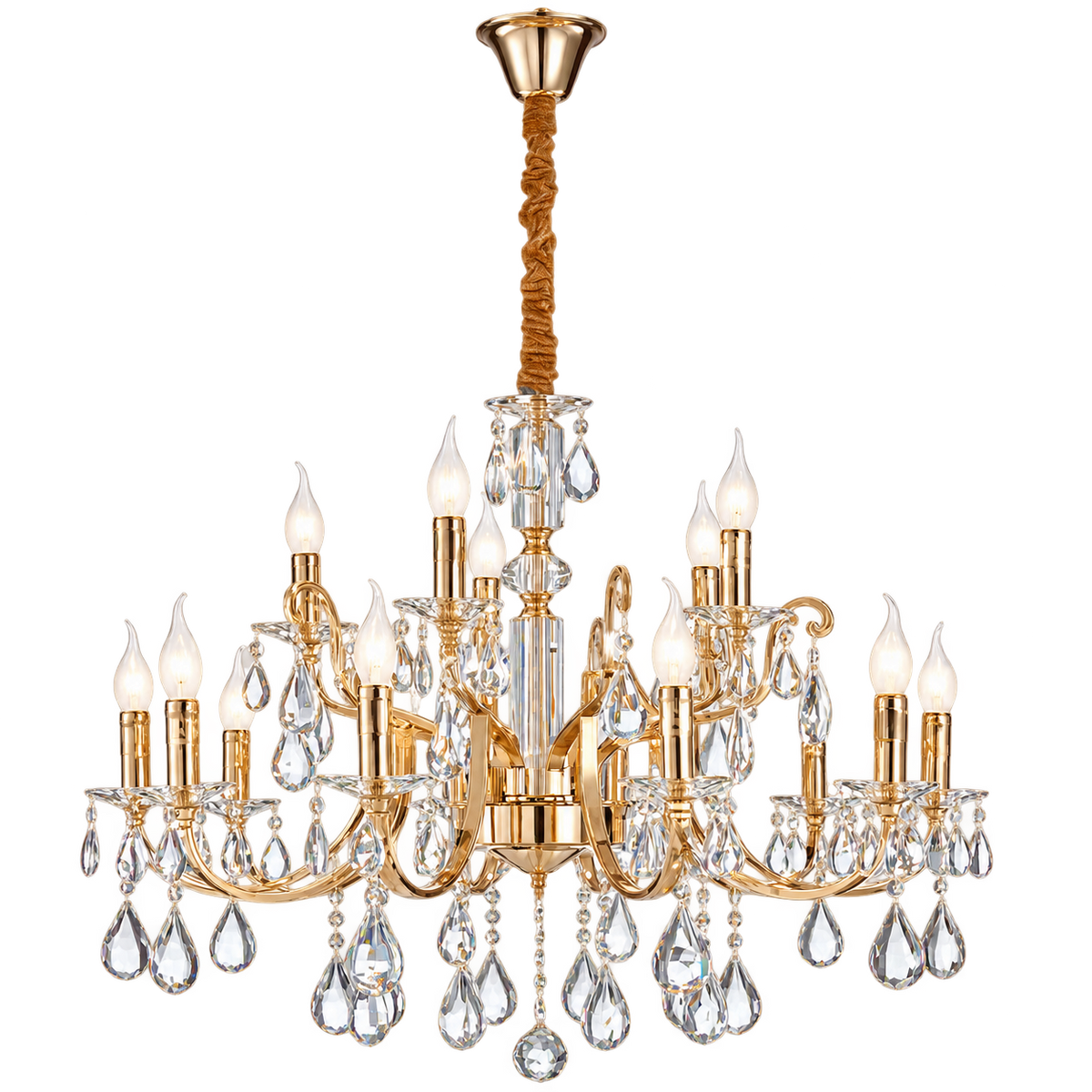15 Light Iron, Glass & Crystal Chandelier — transparent background