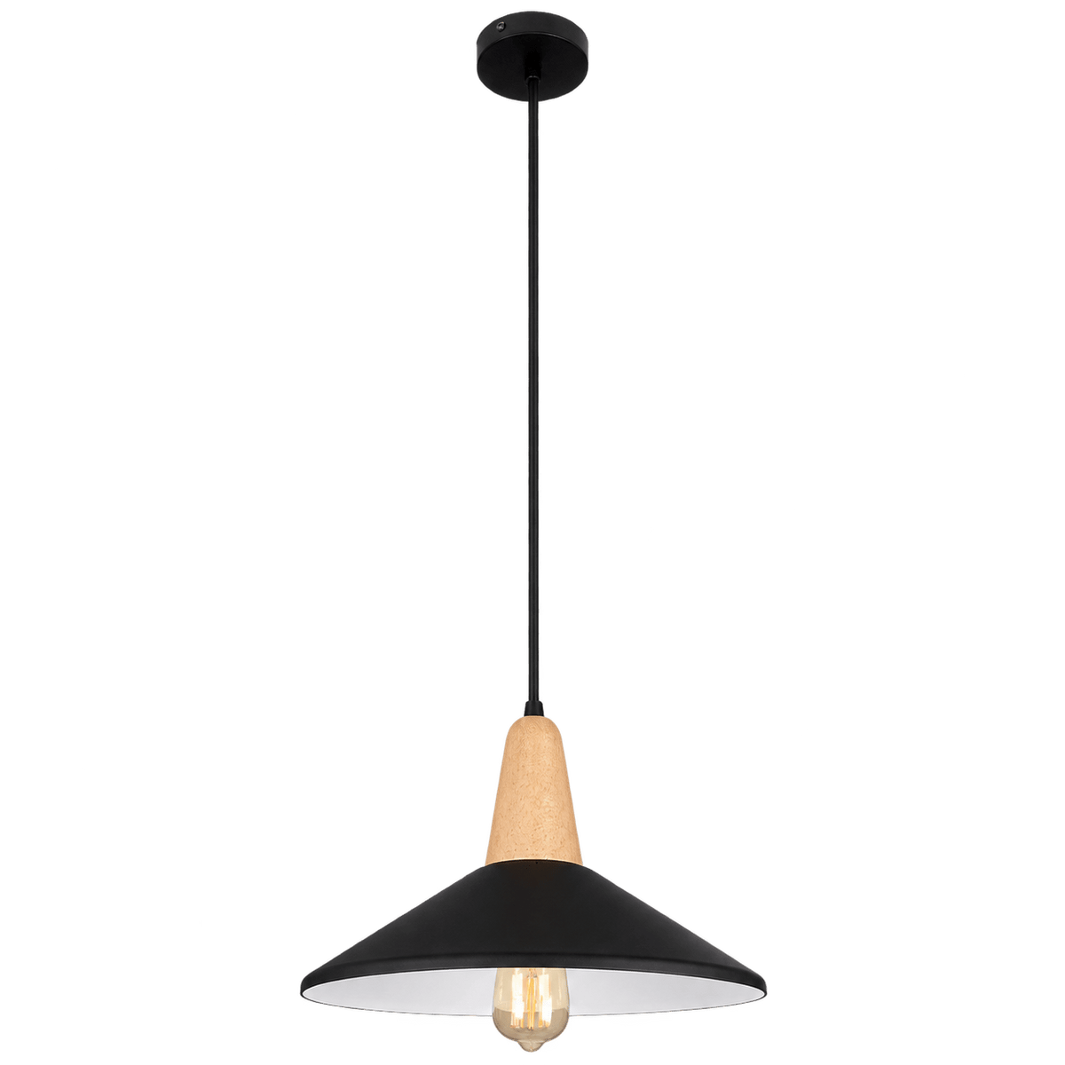 Metal & Wood Pendant with Black Shade — transparent background
