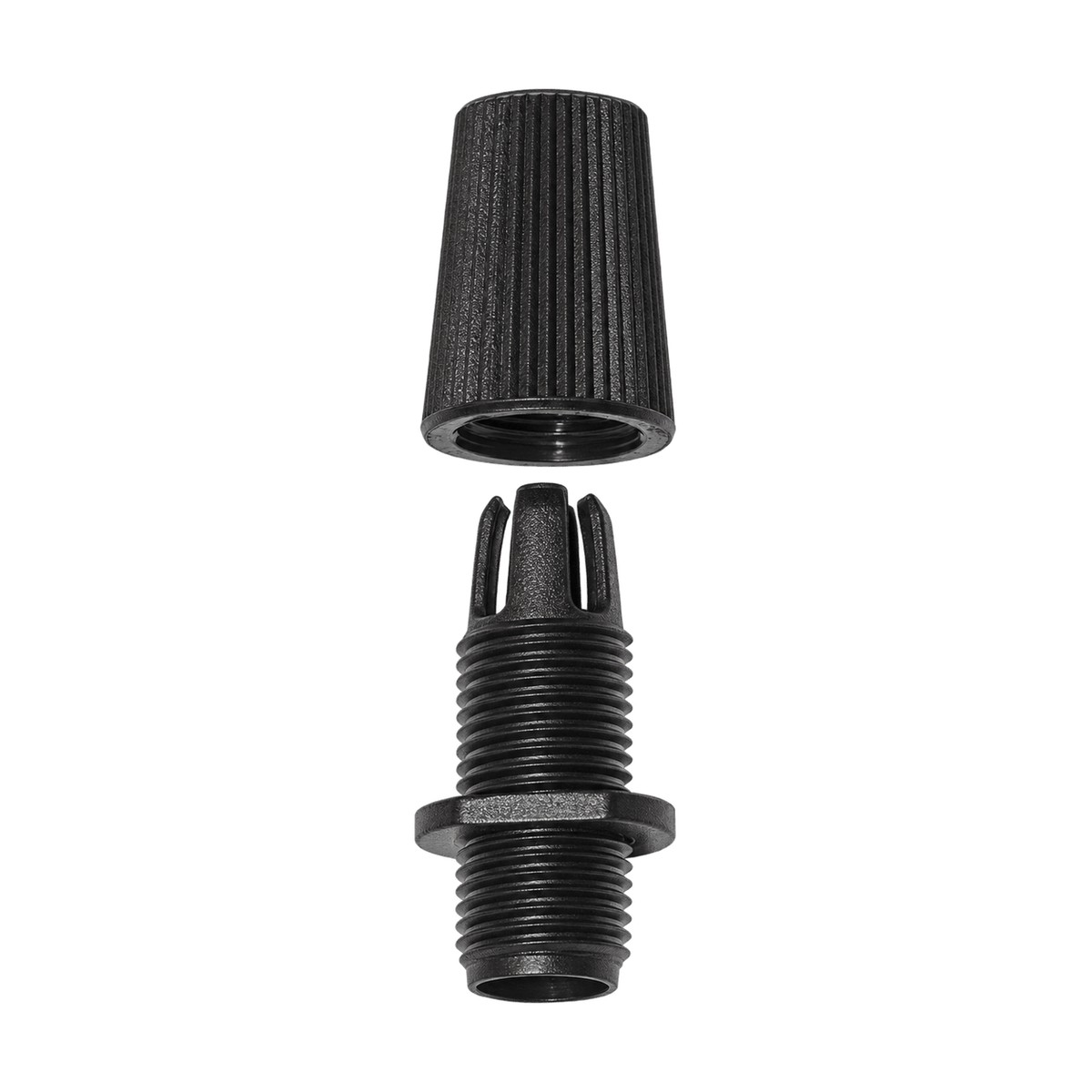 Black Female Cord Grip with Threaded Rod on transparent background