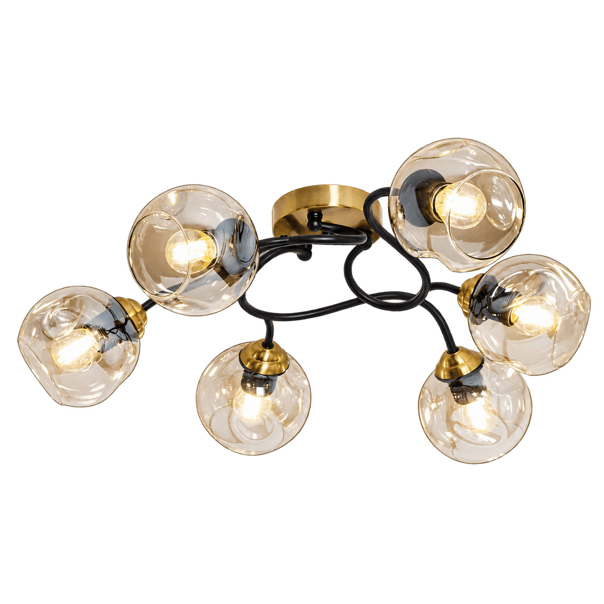 6 Light Antique Brass & Cognac Glass Ceiling Light — transparent background