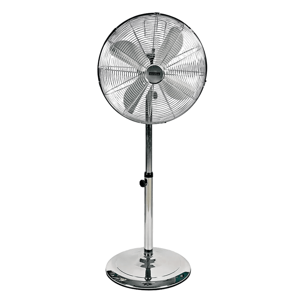Satin Chrome Standing Floor Fan — transparent background