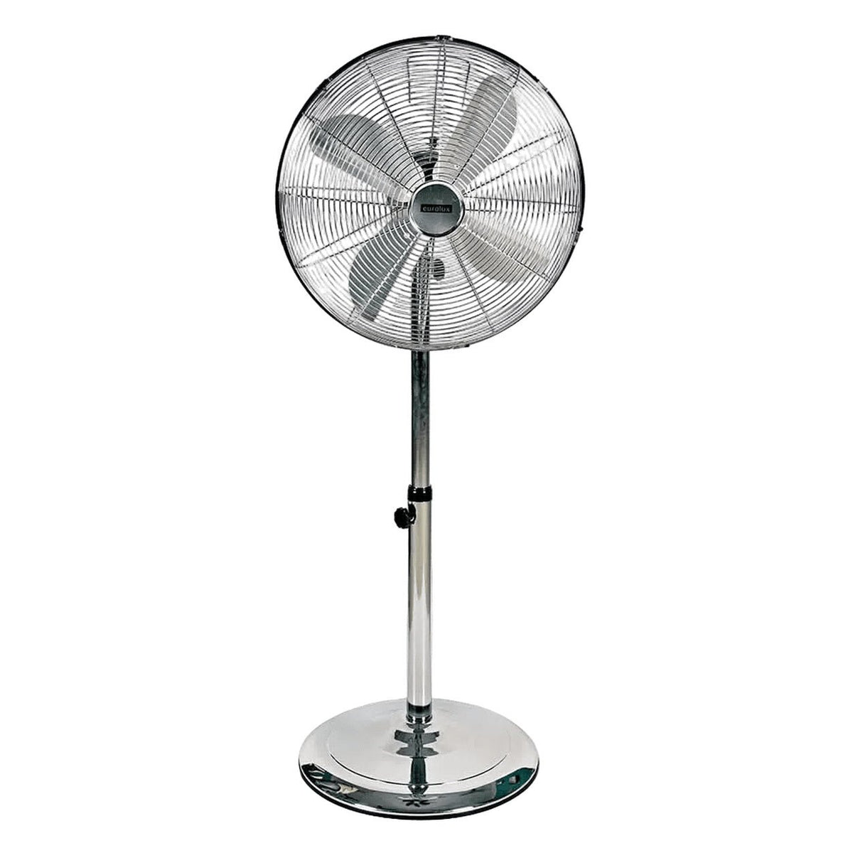 Satin Chrome Standing Floor Fan — white background