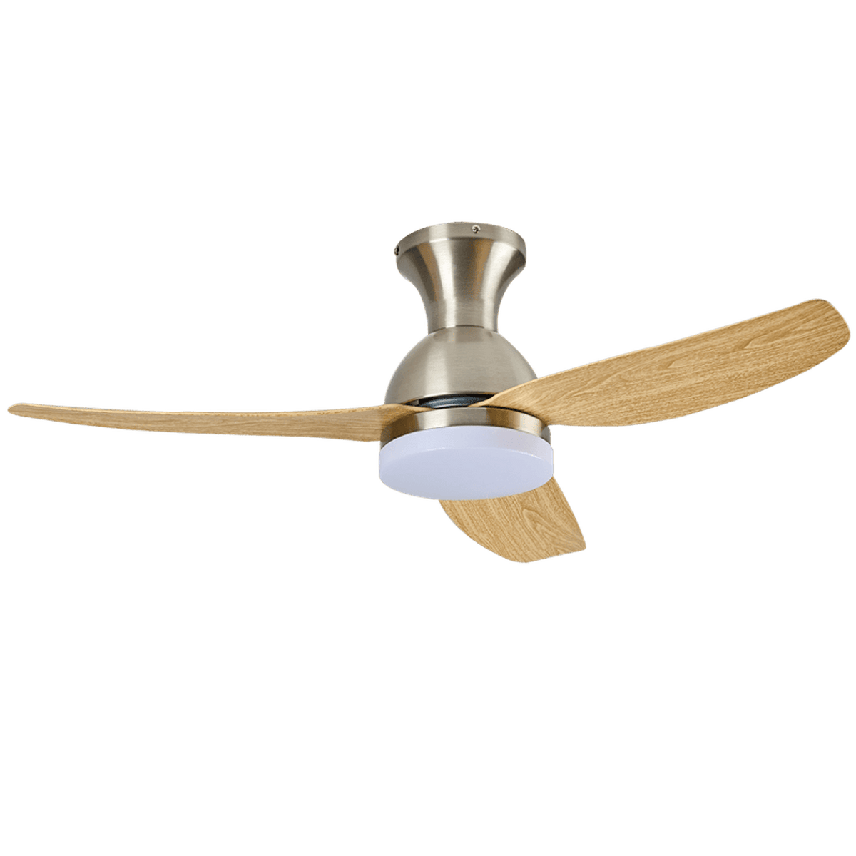 3 Blade Satin Chrome & Light Wood Ceiling Fan — transparent background