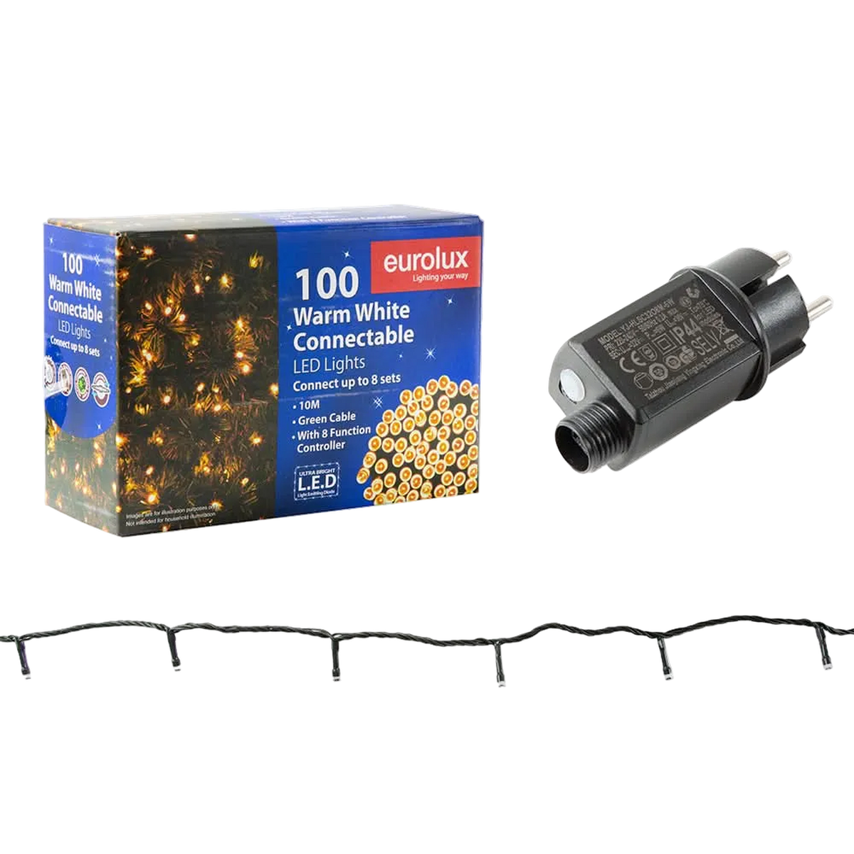 LED Fairy Lights - 10M / Green Cable / Connectable / Warm White — transparent background