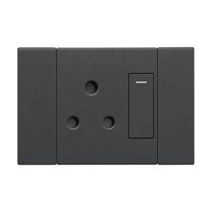 Veti 2 - Charcoal Horizaontal Single 16A Socket - Switched on a transparent background