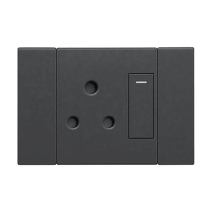 Veti 2 - Charcoal Horizaontal Single 16A Socket - Switched on a white background