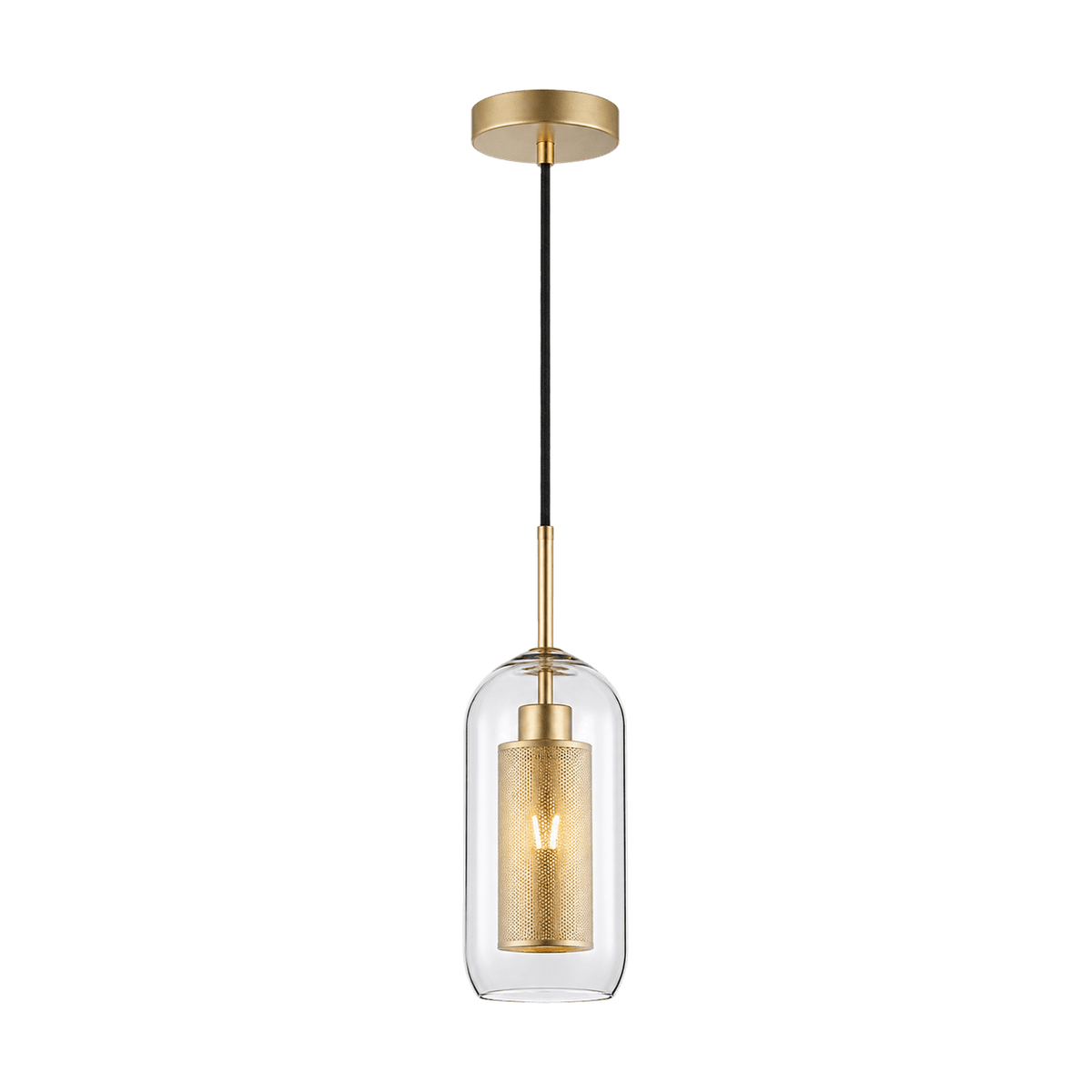 New York Cylinder Glass Pendant - Clear Glass & Satin Gold Mesh