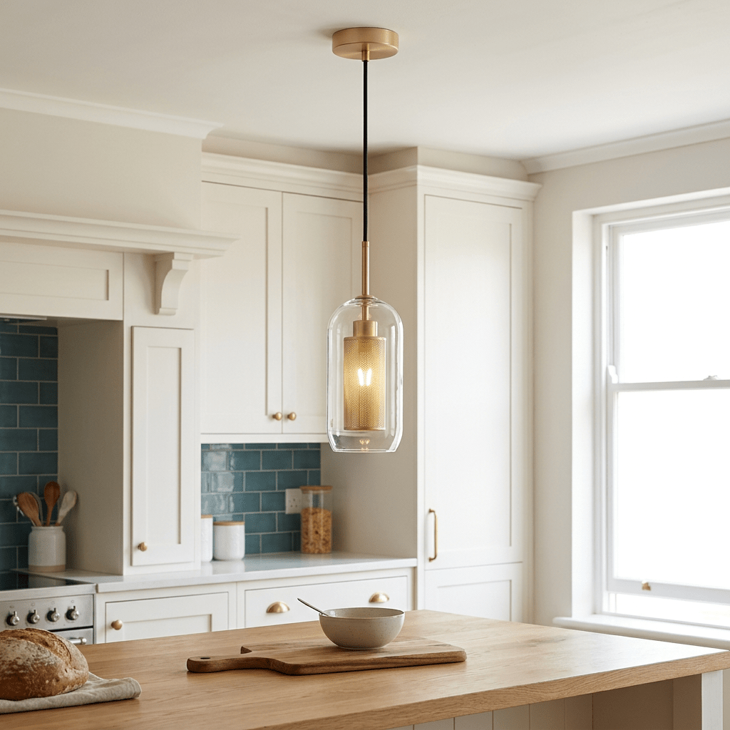 New York Cylinder Glass Pendant - Clear Glass & Satin Gold Mesh