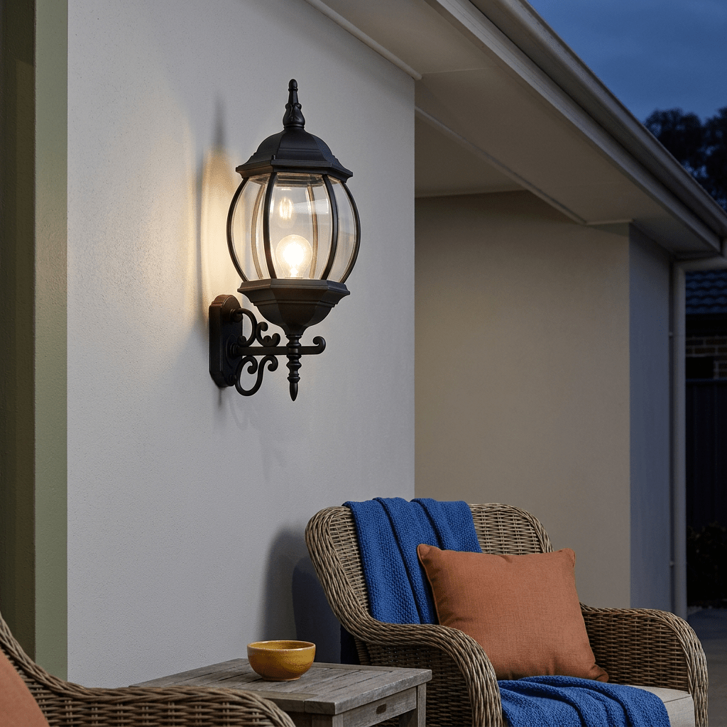 Rounded Belly Head Black Outdoor Wall Light Bevelled Glass IP33