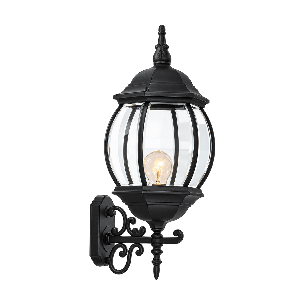 Rounded Belly Head Black Outdoor Wall Light Bevelled Glass IP33