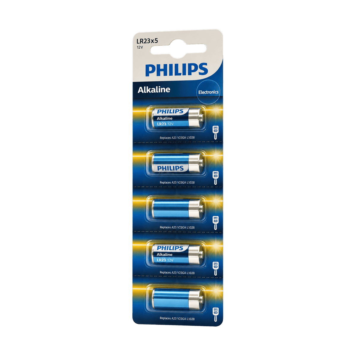 12V LR23 Alkaline Battery 5 Blister Pack on a transparent background