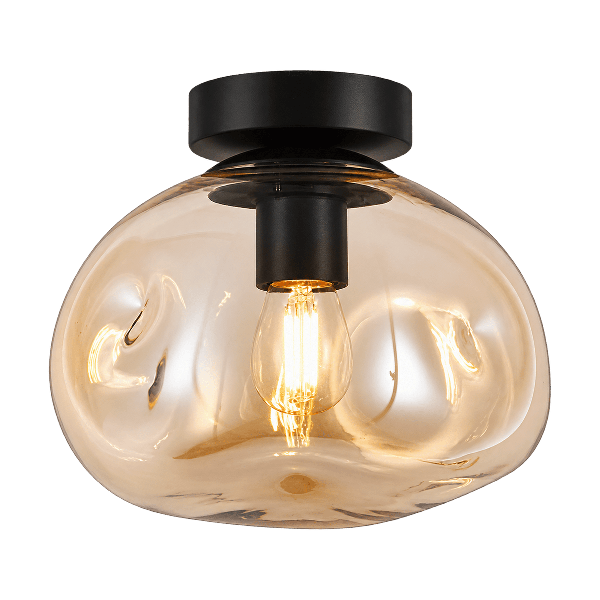 Small Glass Molten Ceiling Light – Amber Glass and Black on a transparent background