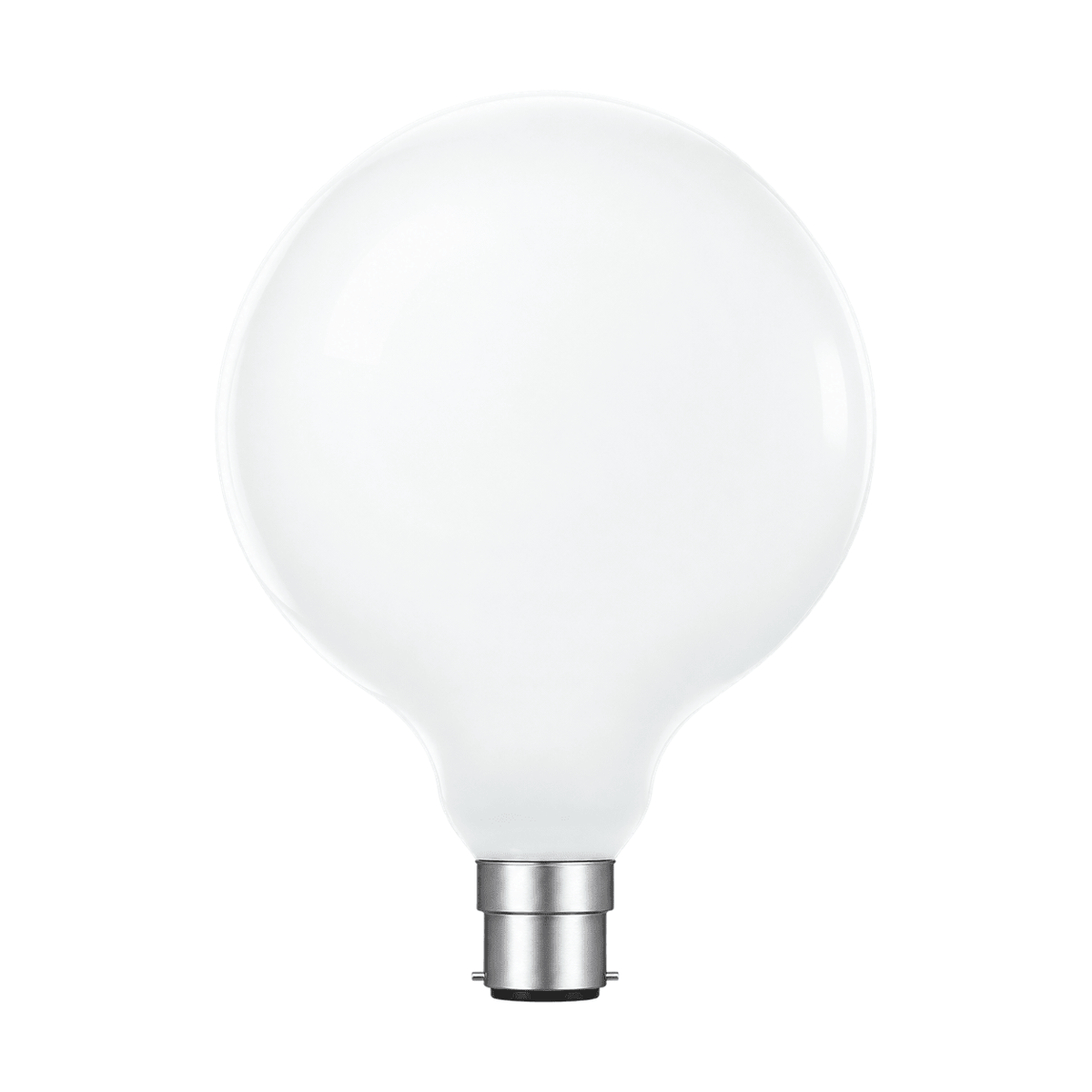 White background catalog image of 8W Dimmable Opal Glass G125 LED Globe Bulb – B22, 4000K Cool White