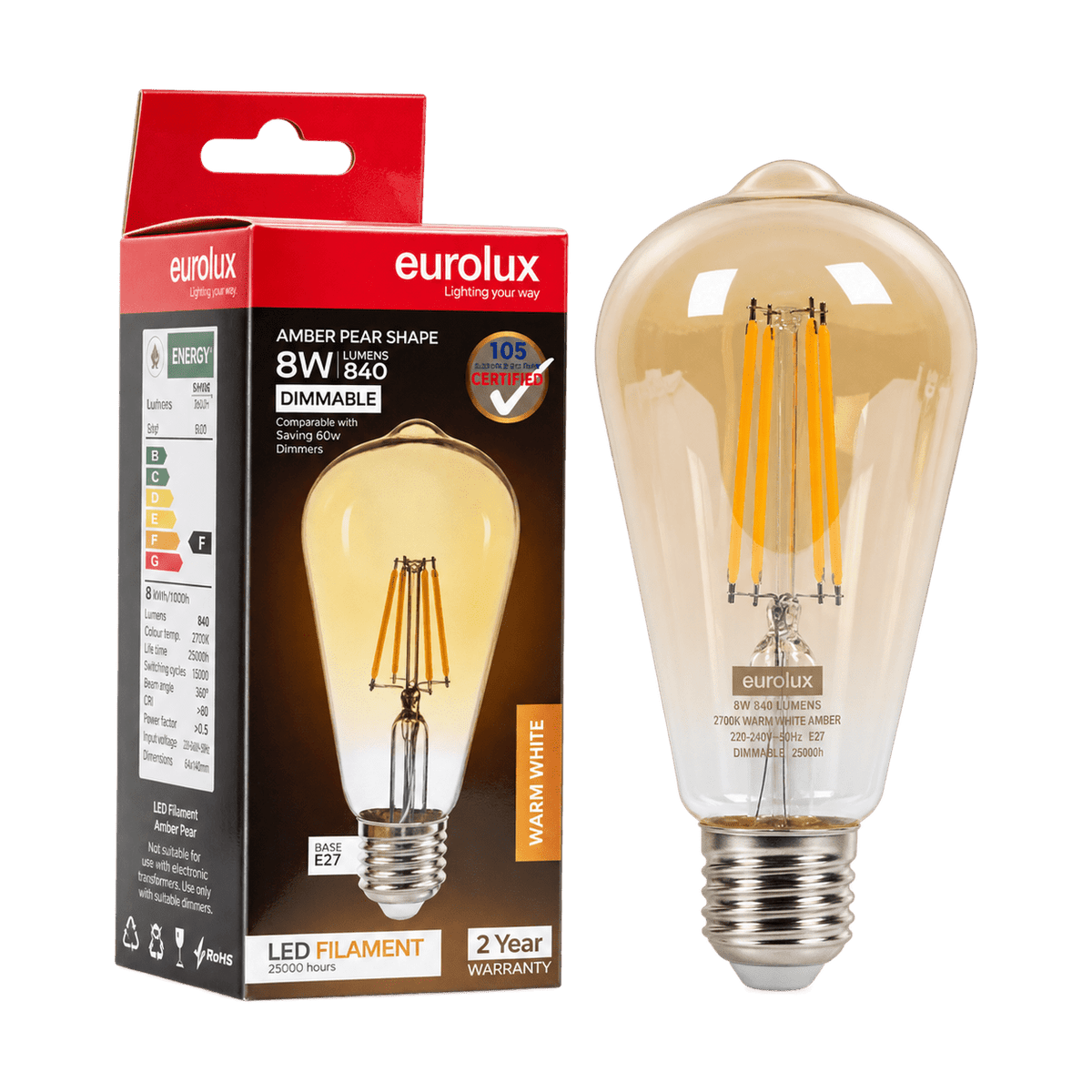 8W Dimmable Amber Pear Filament LED Bulb – E27, 2700K Warm White - transparent background