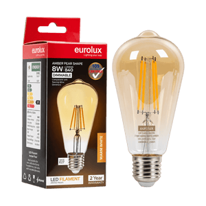 8W Dimmable Amber Pear Filament LED Bulb – E27, 2700K Warm White - transparent background