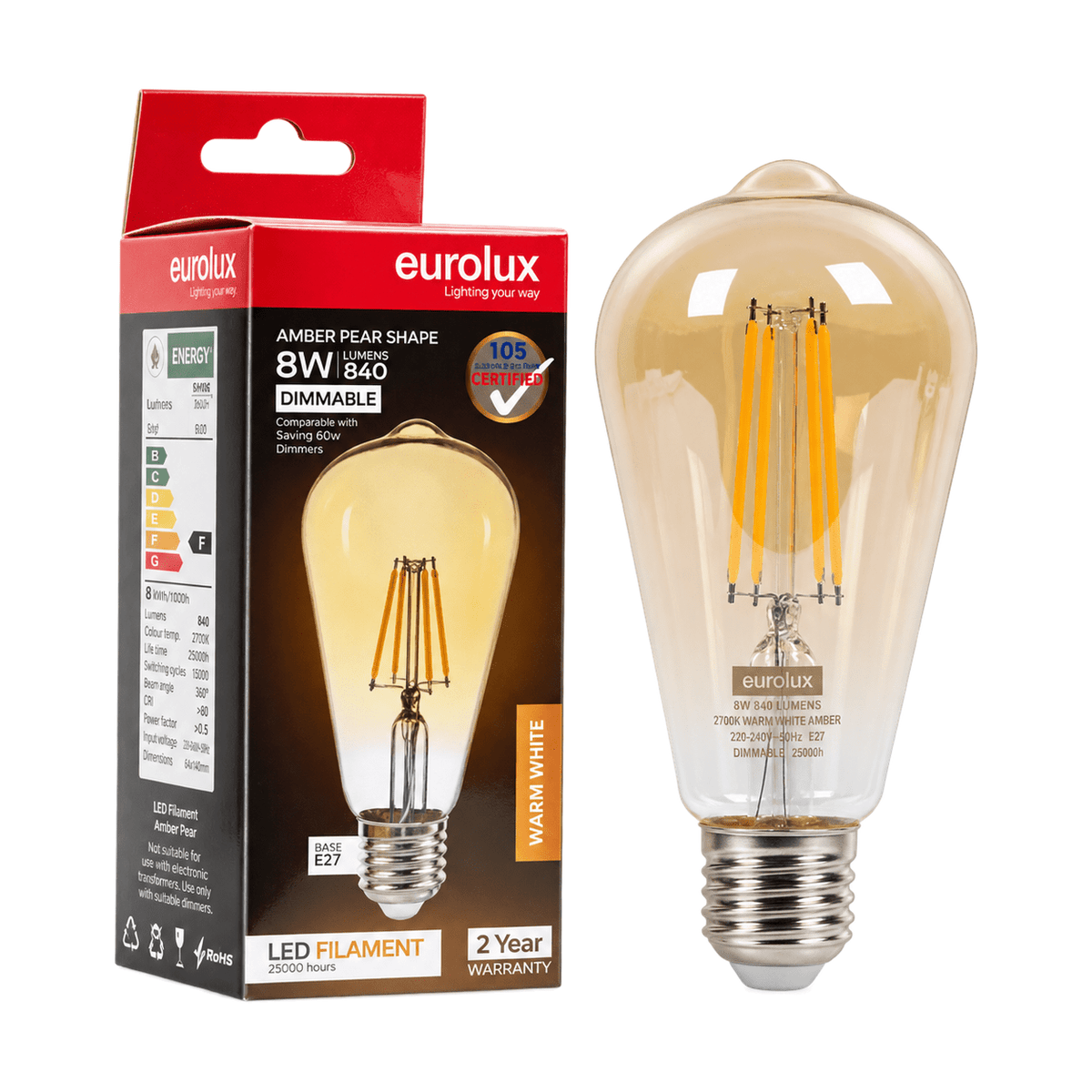 8W Dimmable Amber Pear Filament LED Bulb – E27, 2700K Warm White - white background