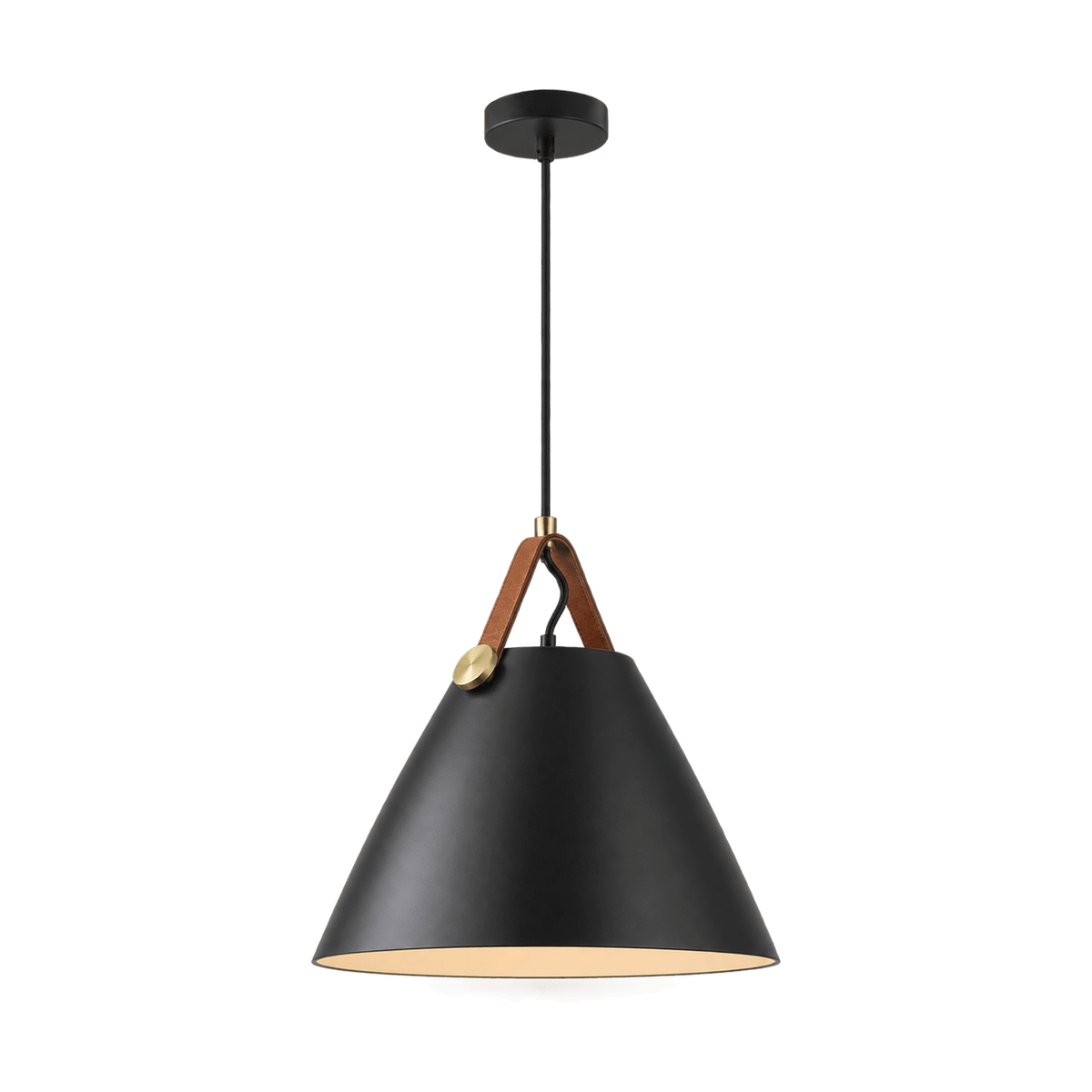Black Cone Pendant Light - Leather Accent - transparent background