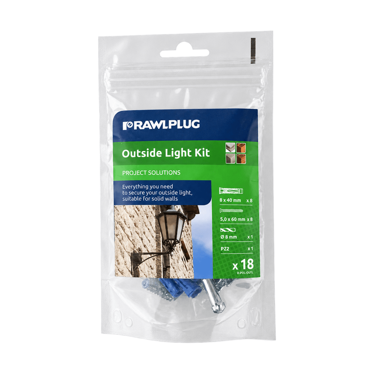 Rawlplug Outside Light Kit - Complete Fixing Set for Solid Walls - white background