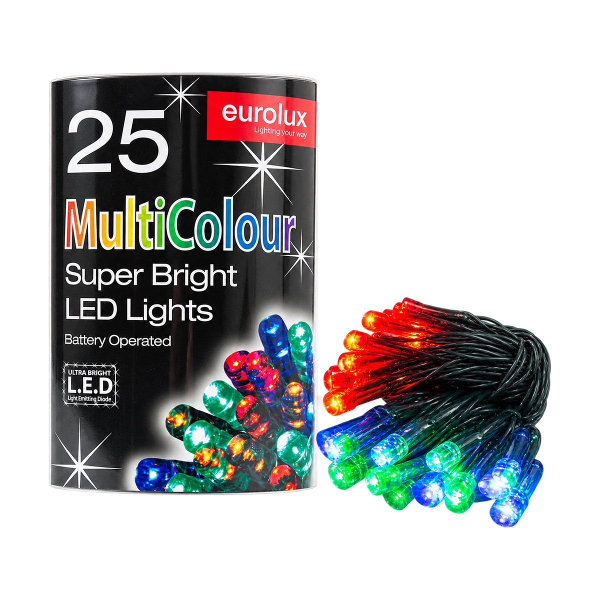 Multicolour LED Fairy Light Chain - Battery Operated - transparent background